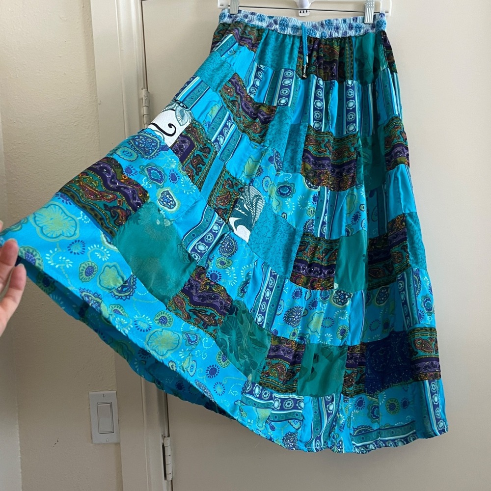 Patchwork Paisley Maxi Skirt One Size Blue Boho Drawstring Peasant Festival Art
